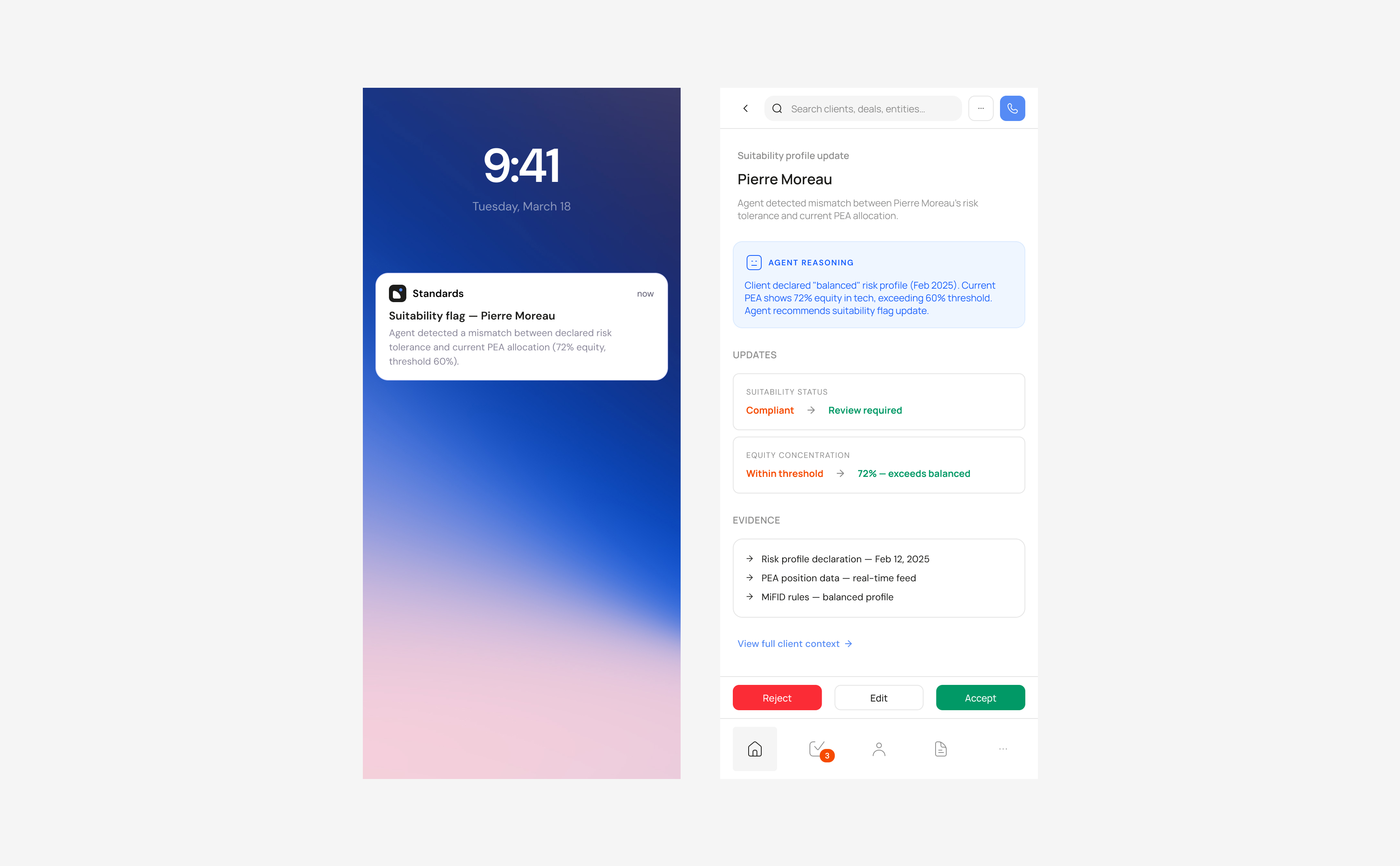 AI review: notification plus focused review screen for accept, edit, or reject.